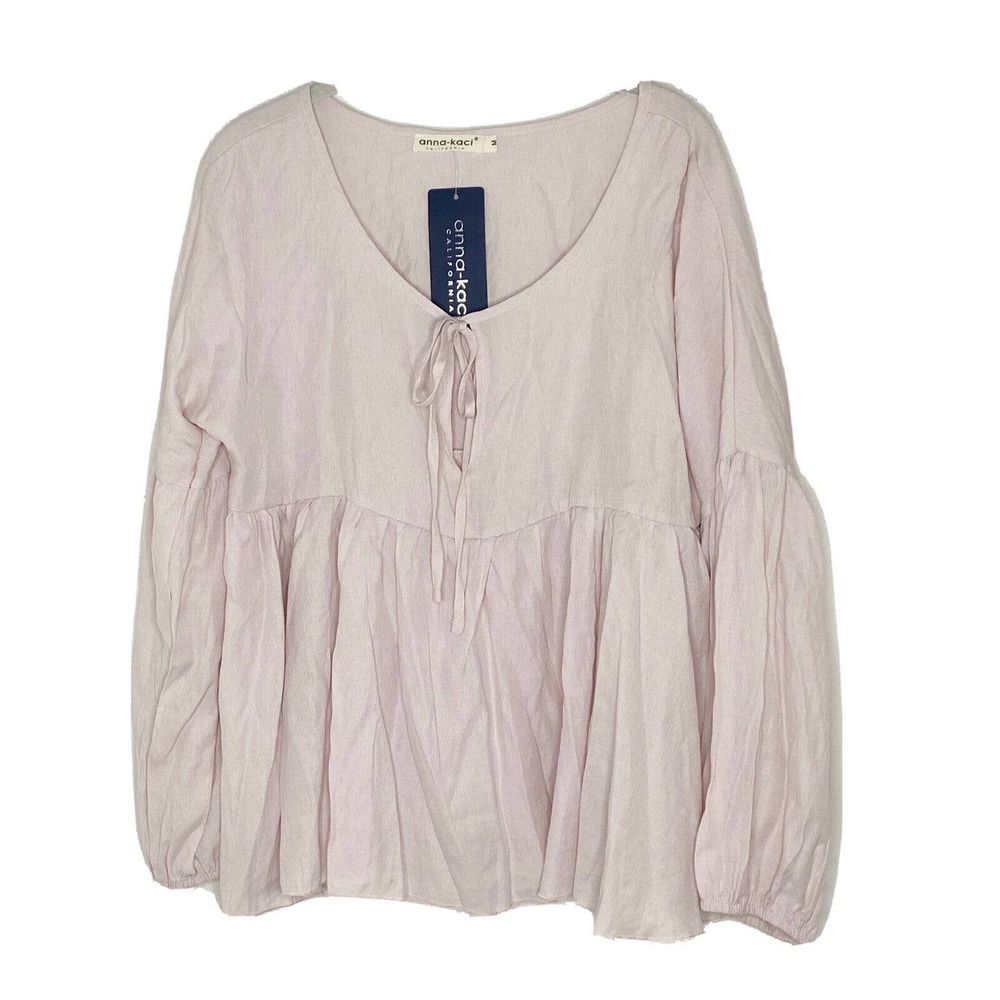 Anna-Kaci Womens Pink V Neck Babydoll Boho Peasant Top Long Sleeve Sz L New
